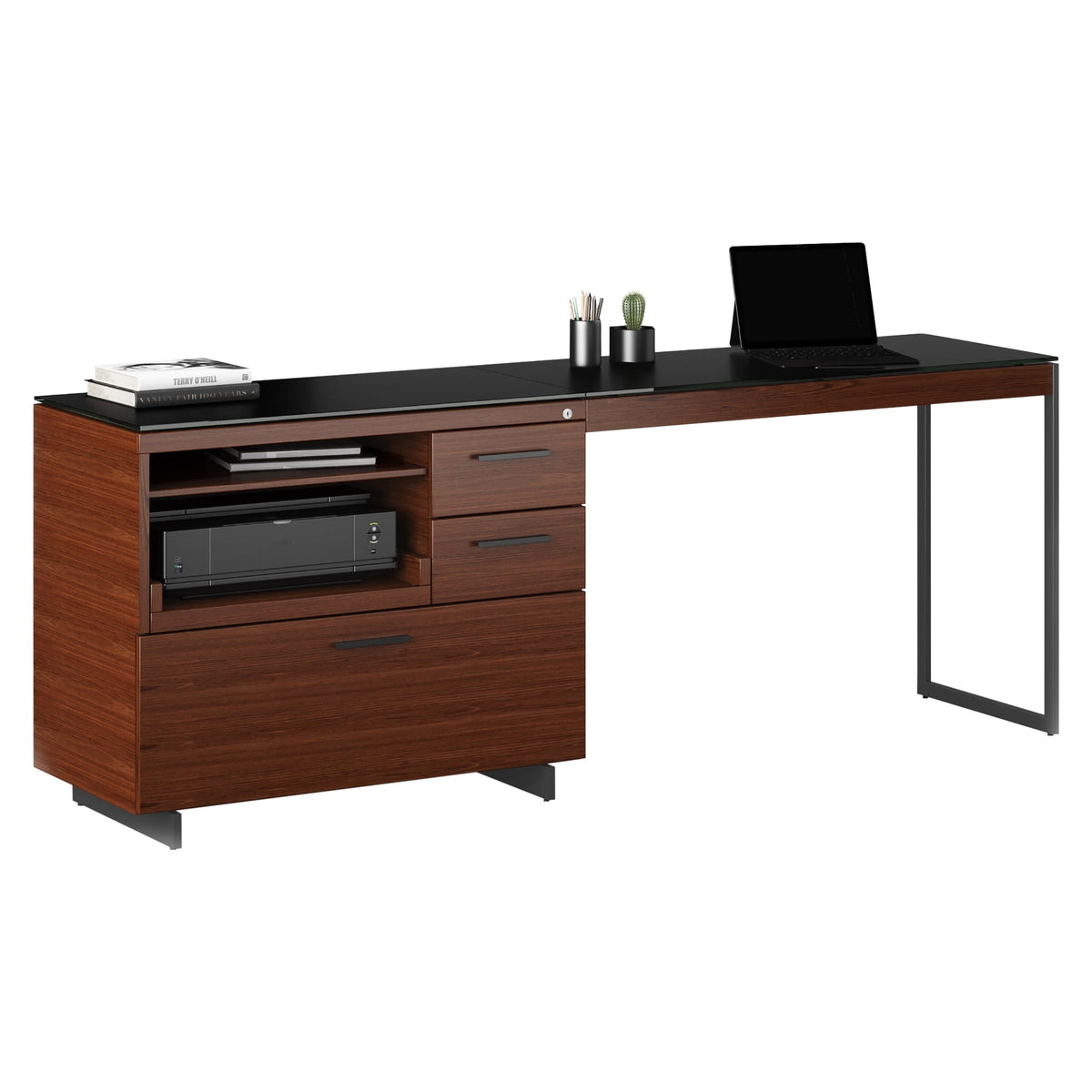 BDi Sequel 20 6112 Desk Extension in Chocolate Stained Walnut, on white, Black metal colour