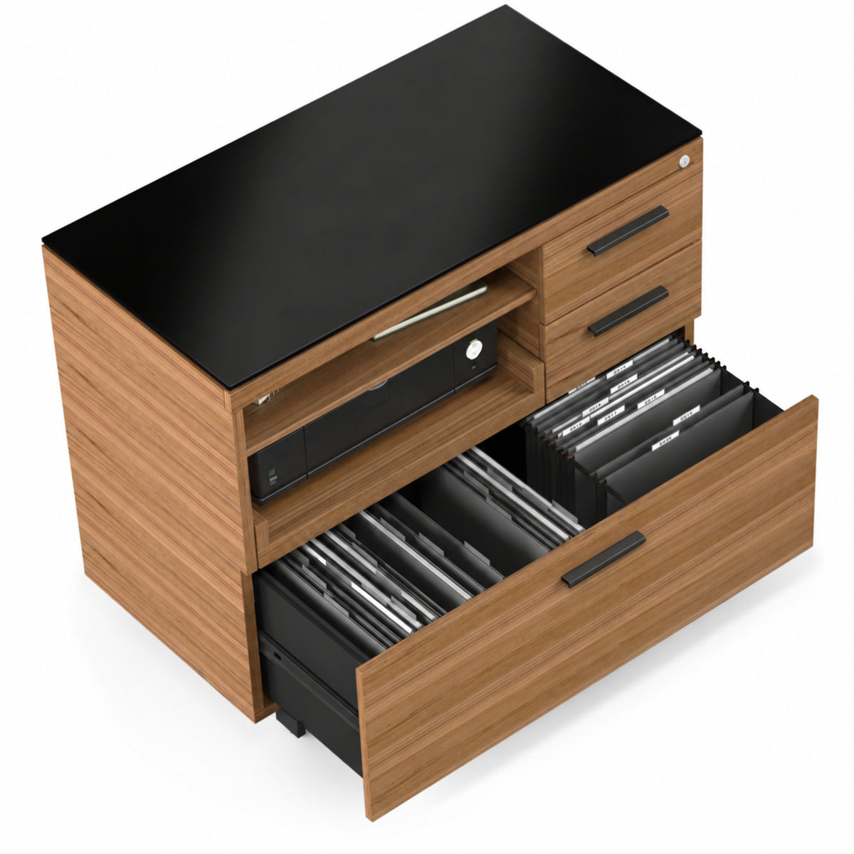 BDi Sequel 20 6117 Multi Function Cabinet in Natural Walnut, with a black base, file drawer open, from above