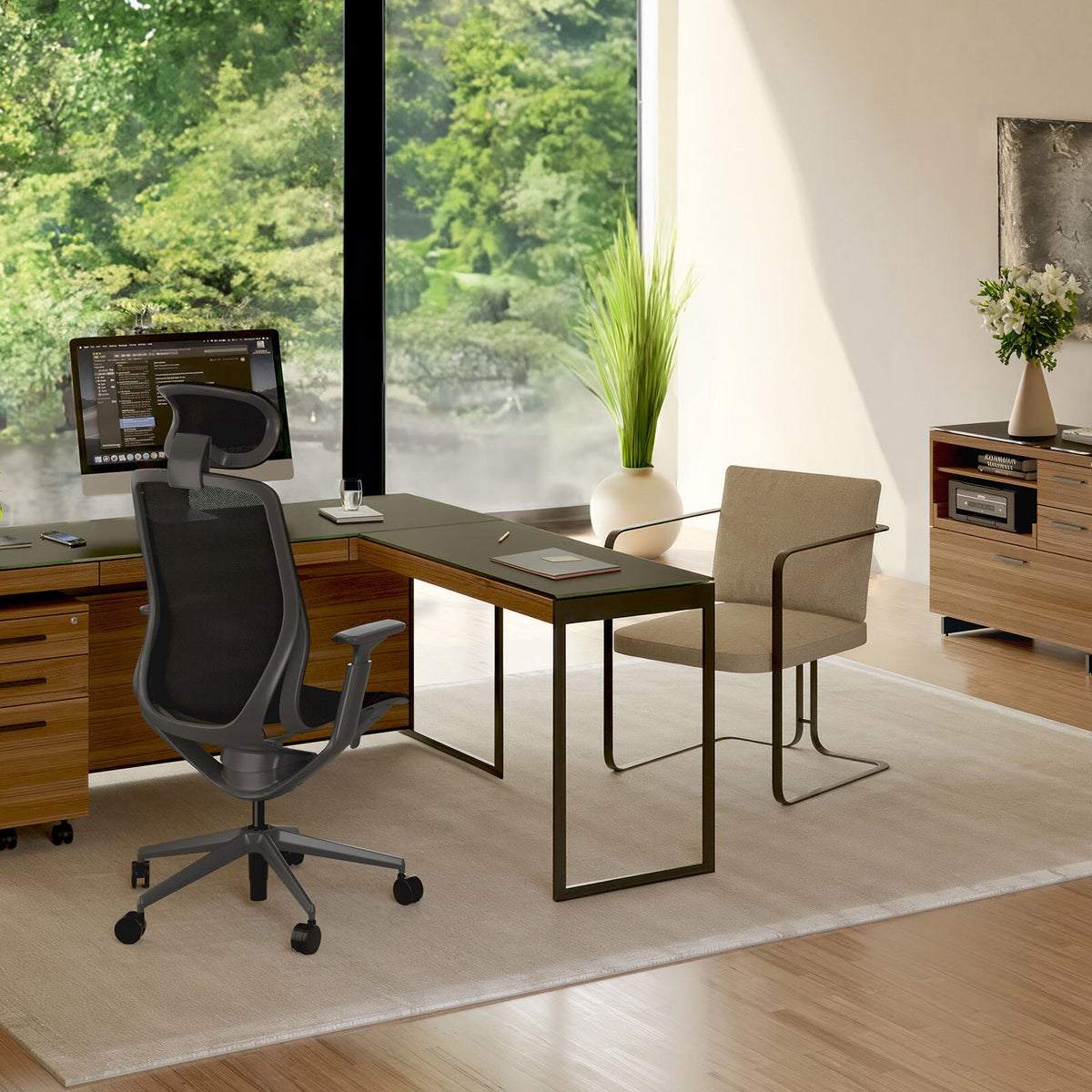BDi Sequel 20 6112 Desk Extension in Natural Walnut, with a black frame, joined to the desk, in a home office by a window