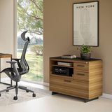 BDi Sequel 20 6117 Multi Function Cabinet in Natural Walnut, with a black base, beside a small desk, in a home office