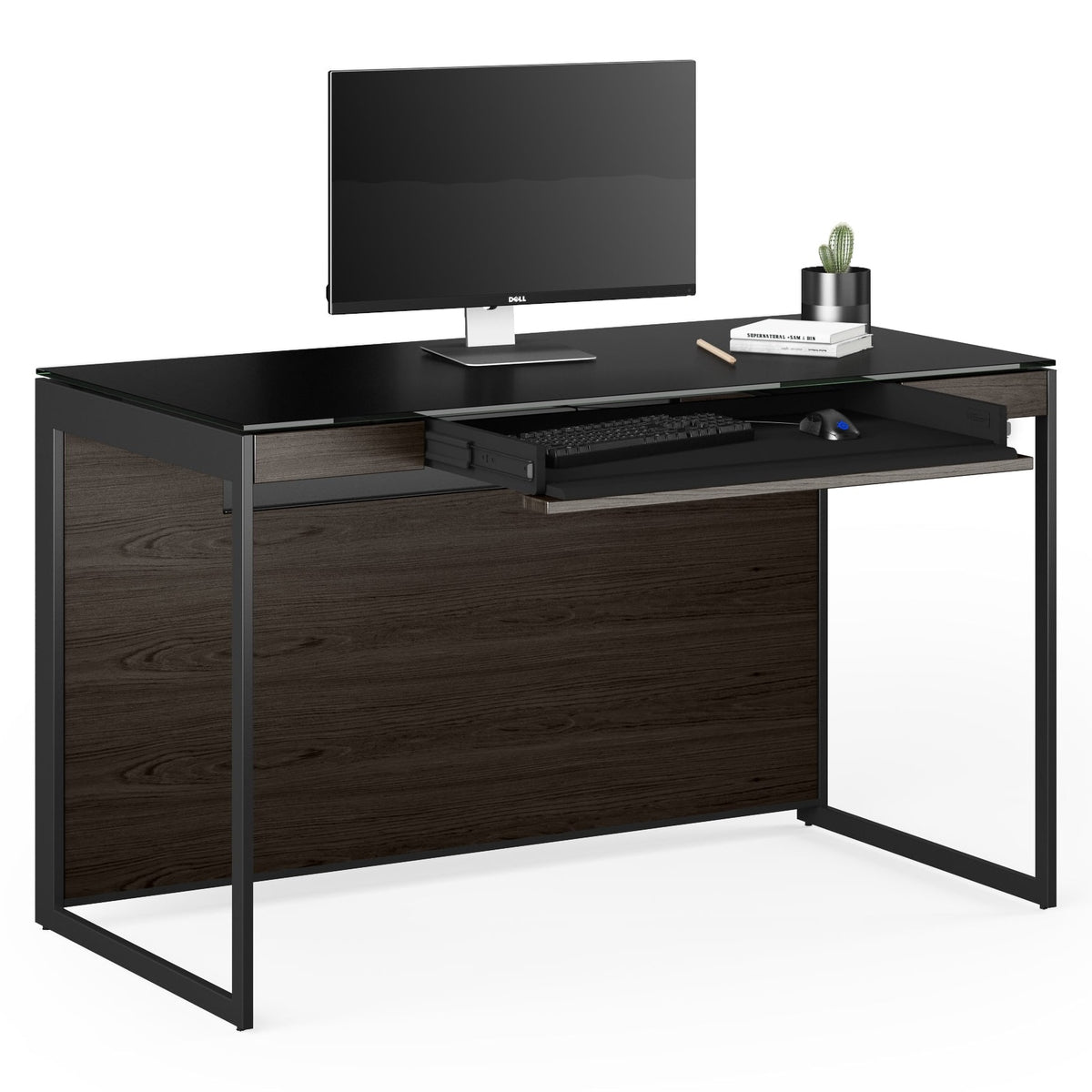BDi Sequel 20 6103 Compact Laptop Desk in Charcoal Stained Ash, with a black frame, keyboard drawer open, with a monitor, on white