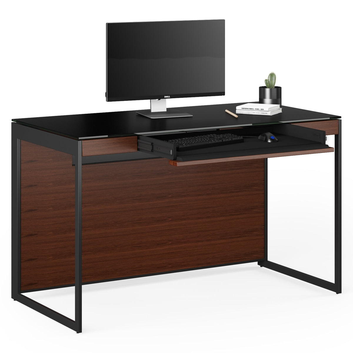 BDi Sequel 20 6103 Compact Laptop Desk in Chocolate Stained Walnut, with a black frame, keyboard drawer open, with a monitor, on white