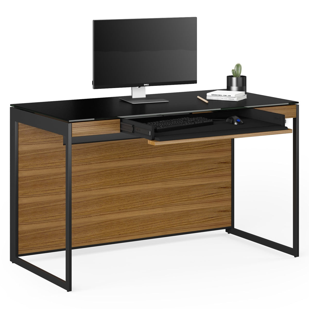 BDi Sequel 20 6103 Compact Laptop Desk in Natural Walnut, with a black frame, keyboard drawer open, with a monitor, on white