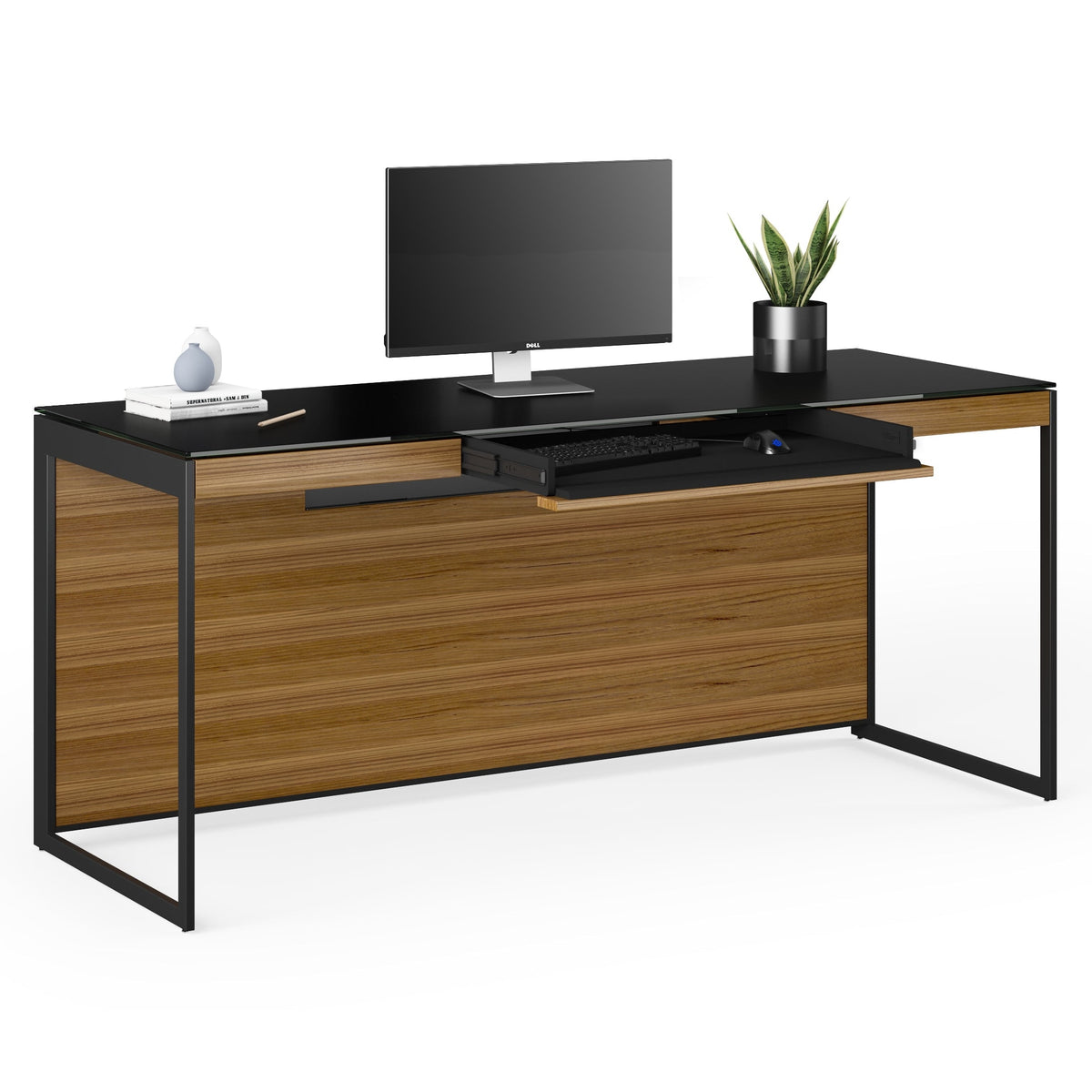 BDi Sequel 20 6101 Desk in Natural Walnut, with a black frame, keyboard drawer open, with a monitor, on white