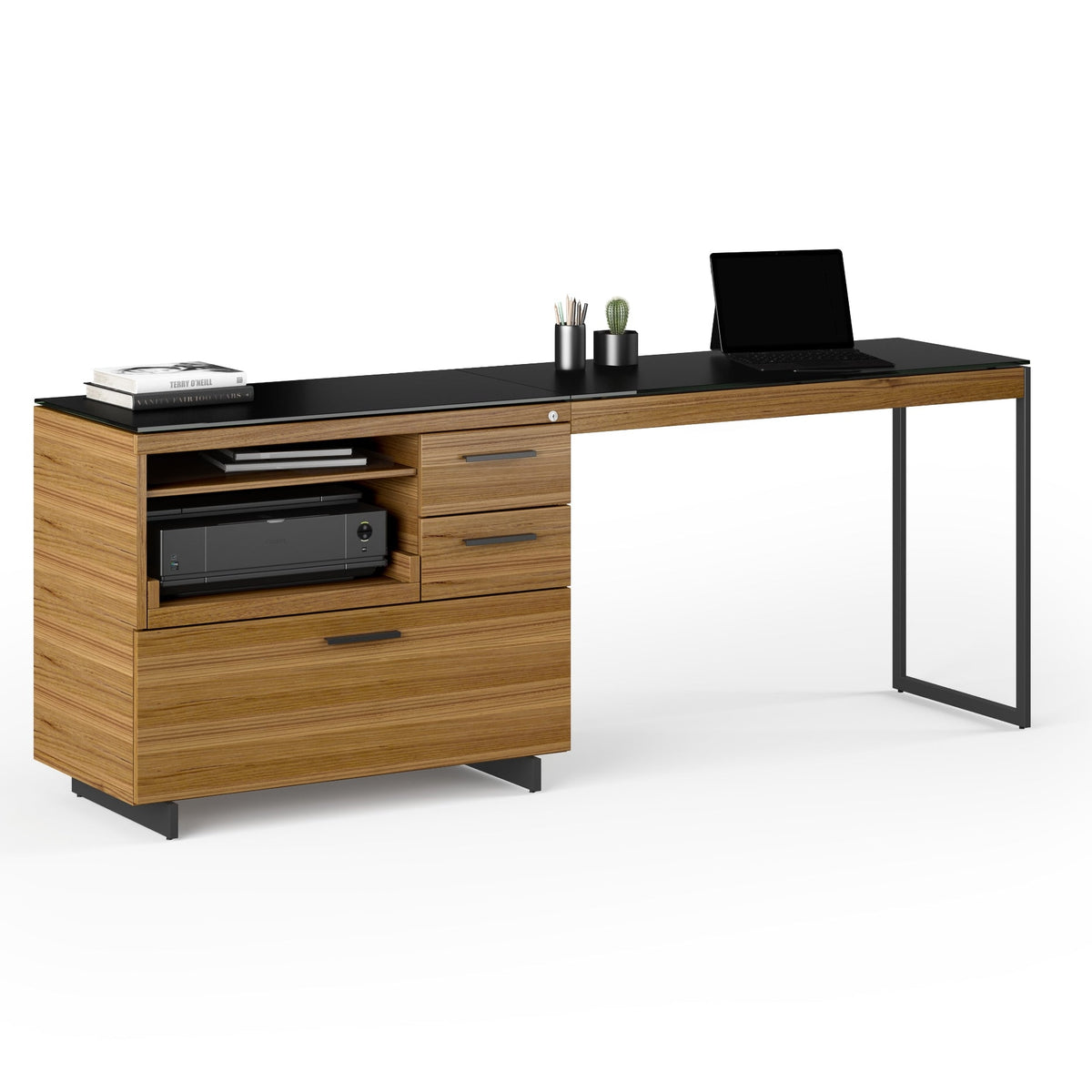 BDi Sequel 20 6112 Desk Extension in Natural Walnut, with a black frame, on a multi-function cabinet, on white