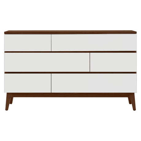 West Bros Serra 6 Drawer Dresser in 80 Walnut, with Mist Lacquer drawer fronts, on white