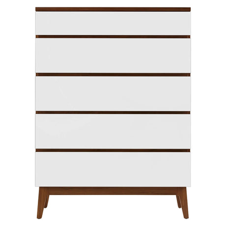 West Bros Serra Chest of Drawers in 80 Walnut, with Mist Lacquer drawer fronts, on white