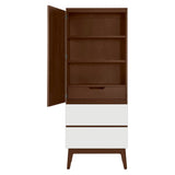 West Bros Serra Dressing Tower in 80 Walnut, with Mist Lacquer drawer fronts, door open