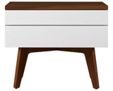 West Bros Serra Night Table in 80 Walnut, with Mist Lacquer drawer fronts, on white