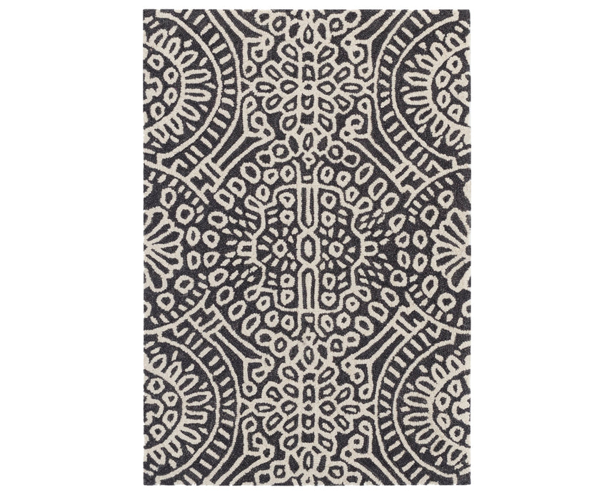 Rug with a Temple Hand Micro Hooked pattern on a plain background