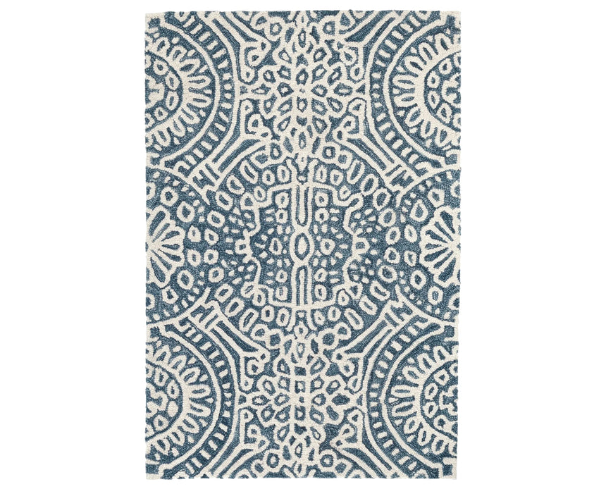 Rug with a Temple Hand Micro Hooked pattern on a plain background