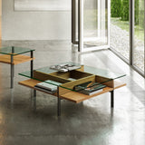 BDi Terrace Coffee Table in Natural Walnut, square, with the matching end table in a living room