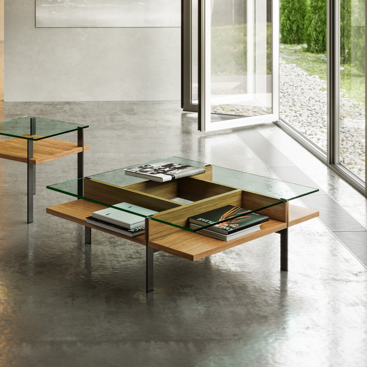 BDi Terrace Coffee Table in Natural Walnut, square, with the matching end table in a living room
