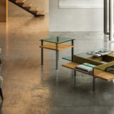 BDi Terrace 1156 End Table in Natural Walnut, with the matching square coffee table in a living room