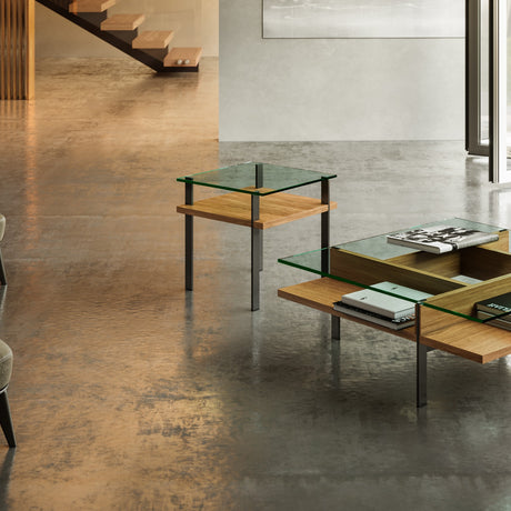 BDi Terrace 1156 End Table in Natural Walnut, with the matching square coffee table in a living room