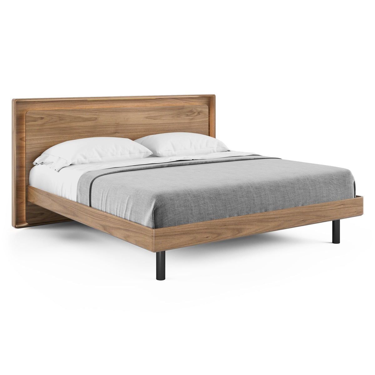 BDi Linq Up-Linq Bed in Natural Walnut, king, angled view, headboard light on
