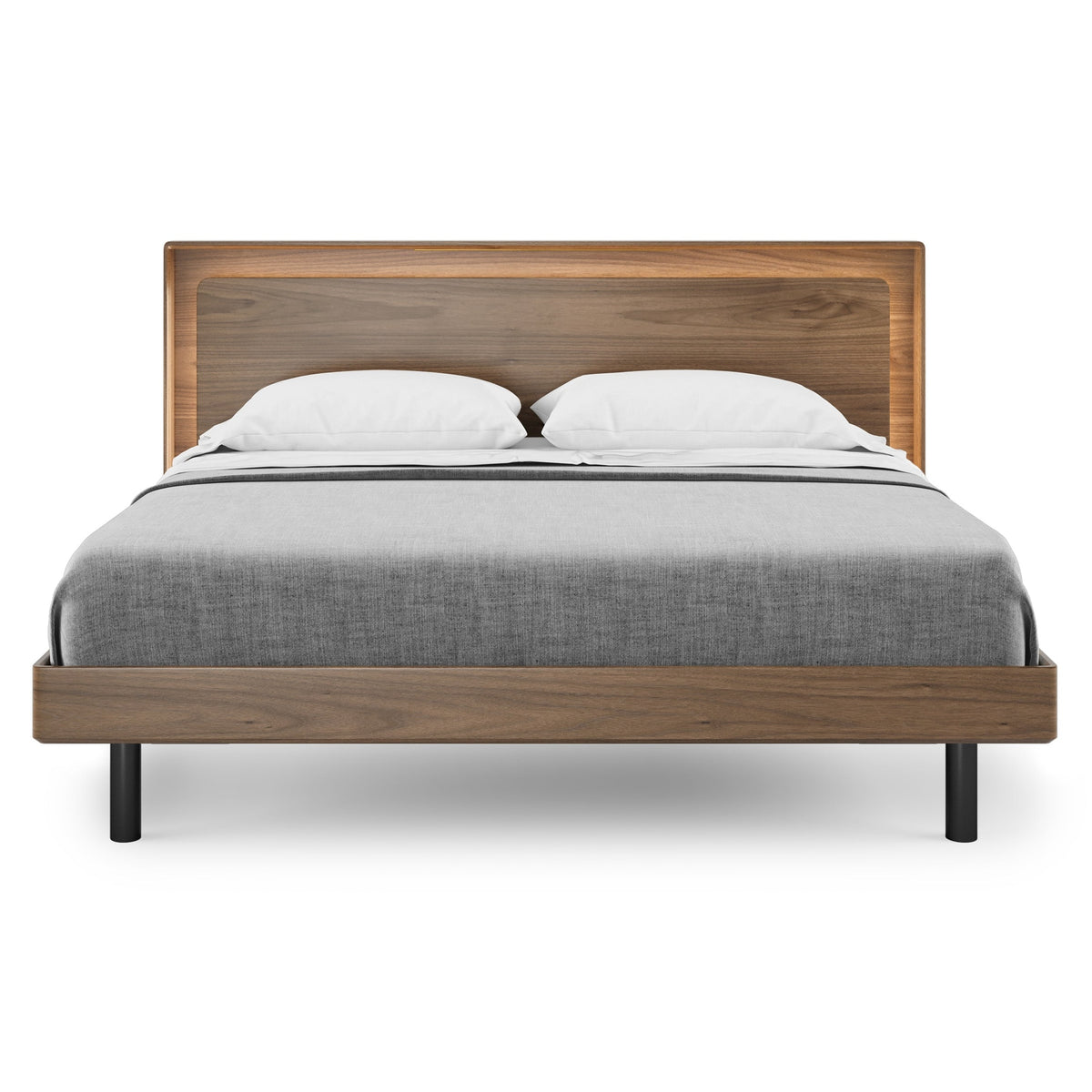 BDi Linq Up-Linq Bed in Natural Walnut, king, front view, headboard light on