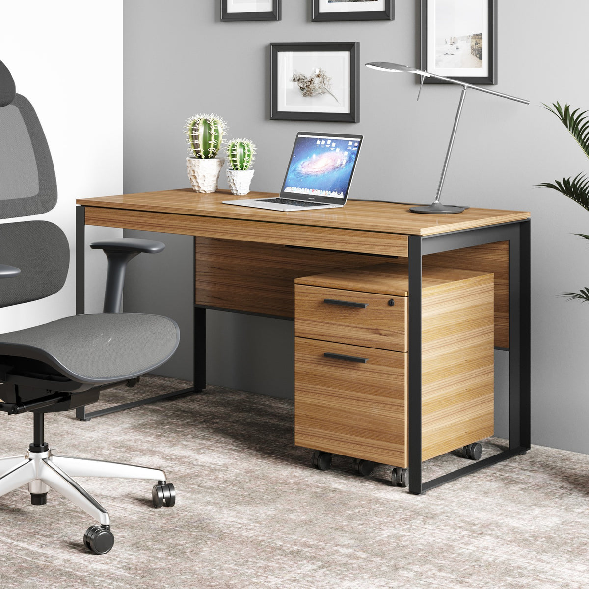 BDi Linea 6221 Desk in Natural Walnut, with a mobile file and task chair, in a home office