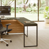 BDi Sequel 20 6112 Desk Extension in Natural Walnut, with a black frame, joined to the desk, in a home office