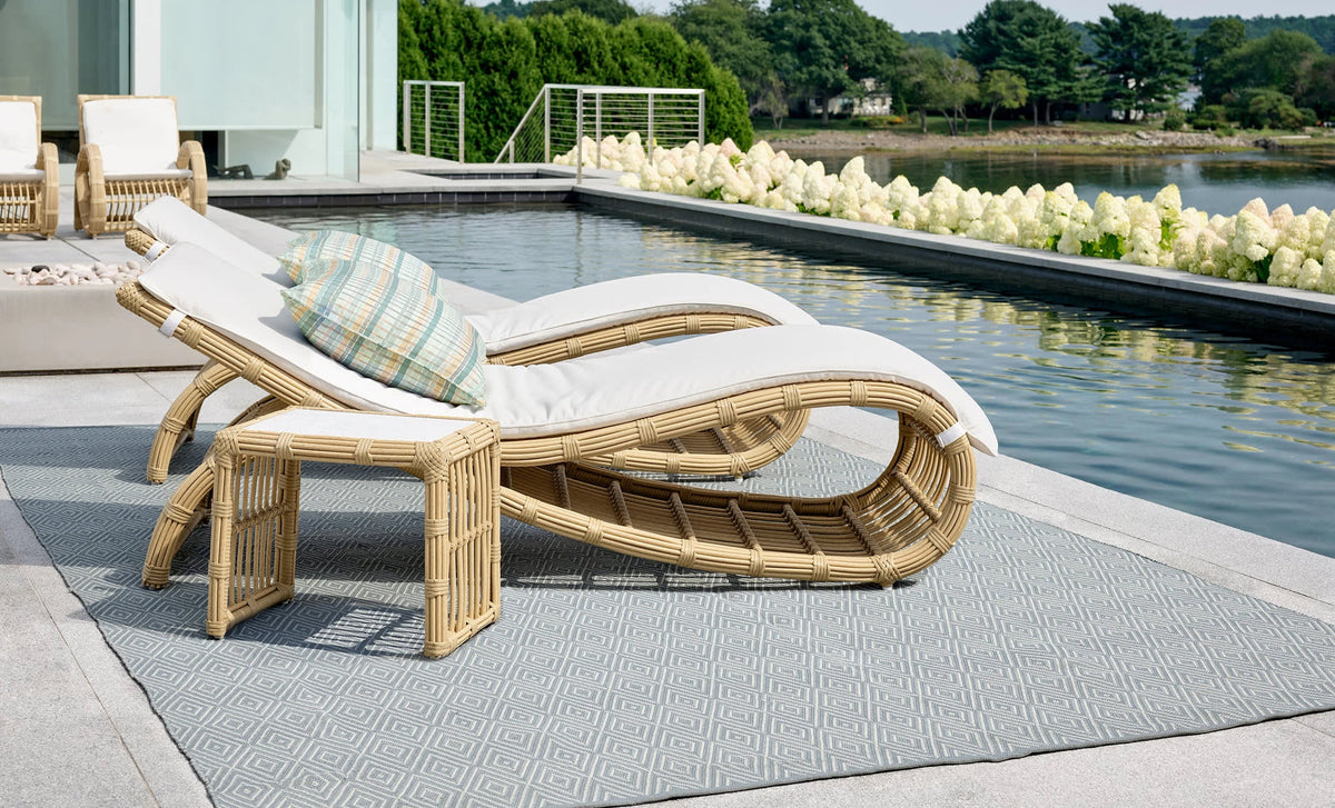 Dash & Albert Diamond Handwoven Indoor/Outdoor Rug in Slate / Light Blue, pool setting