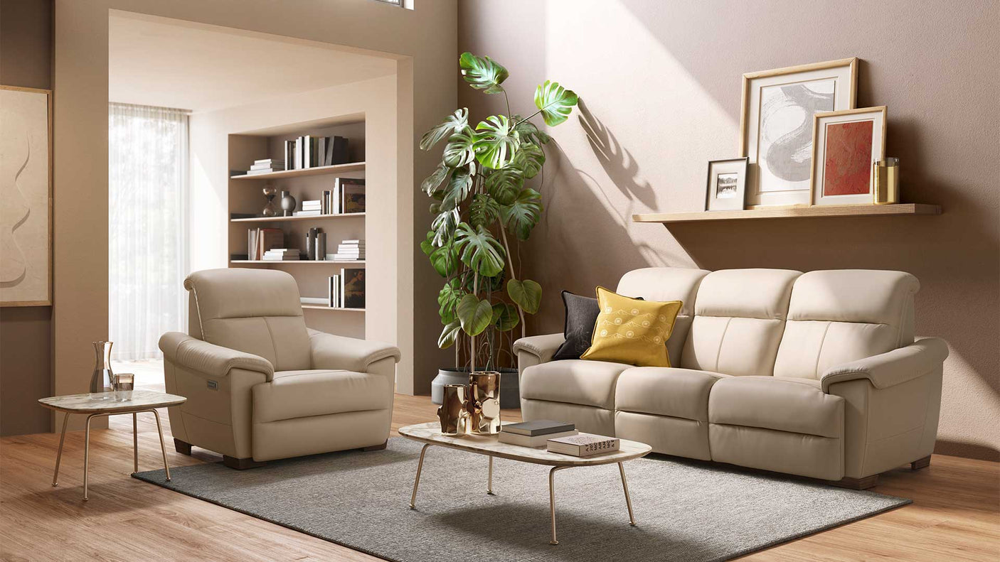 Le Mans Leather Beige with Wenge Wood | Natuzzi Potenza Power Reclining Sofa | Valley Ridge Furniture