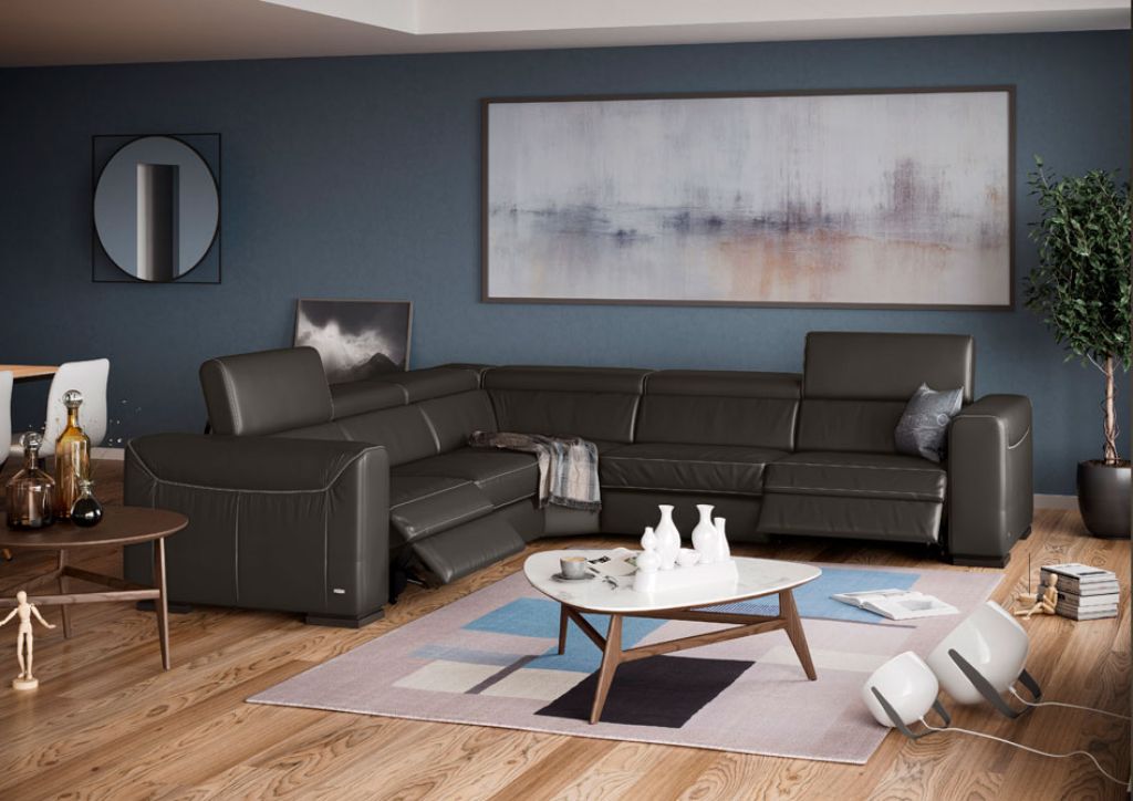 Le Mans Leather Dark Grey with Wenge Wood | Natuzzi Forza Modular Corner Sofa w/Relax Function | Valley Ridge Furniture
