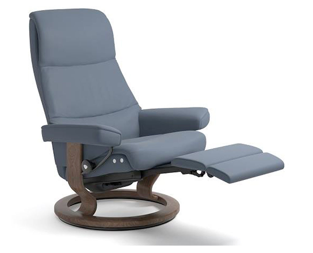 Paloma Leather Sparrow Blue M/L &amp; Walnut Base | Stressless View Classic Power Recliner | Valley Ridge Furniture