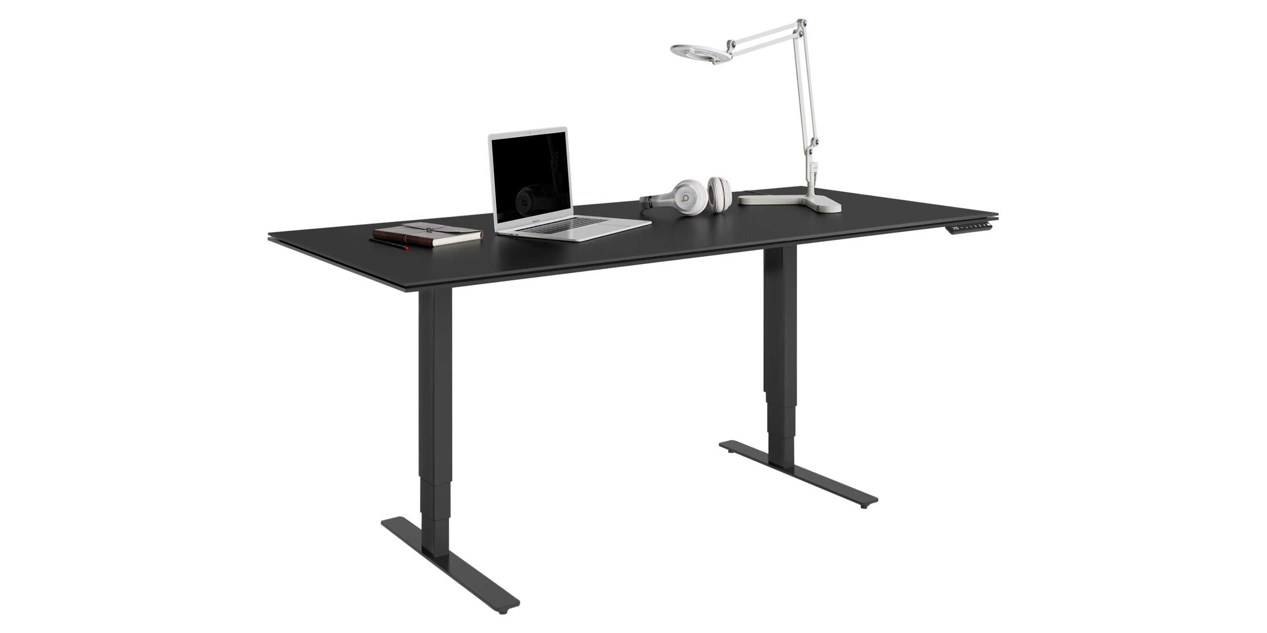 Black Satin-Etched Glass &amp; Black Steel | BDI Stance Large Lift Desk | Valley Ridge Furniture