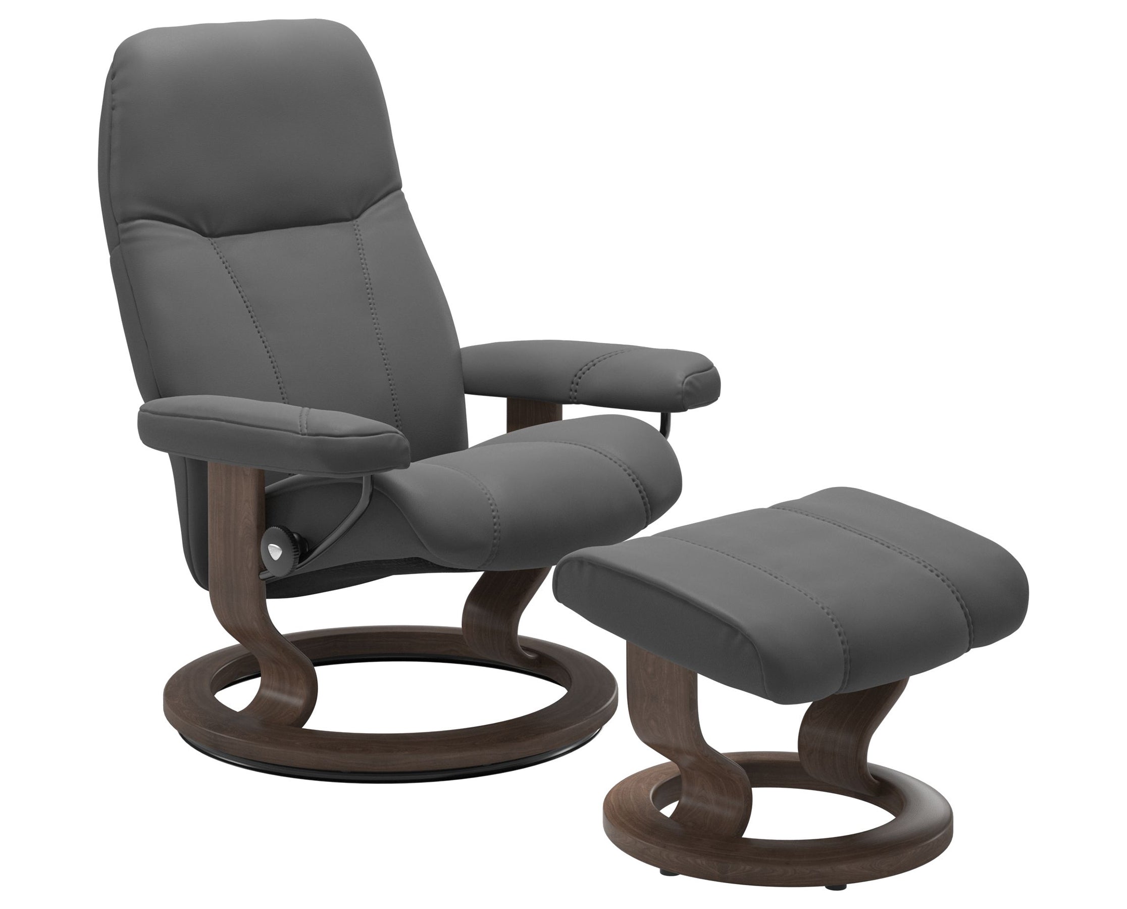Batick Leather Grey S/M/L and Walnut Base | Stressless Consul Classic Recliner | Valley Ridge Furniture