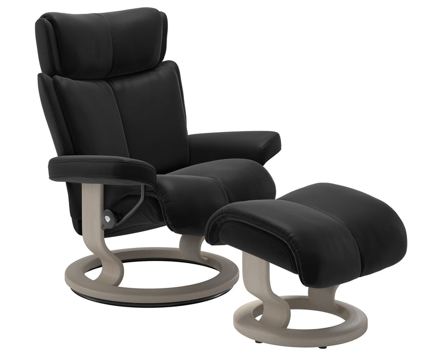 Paloma Leather Black S/M/L and Whitewash Base | Stressless Magic Classic Recliner | Valley Ridge Furniture