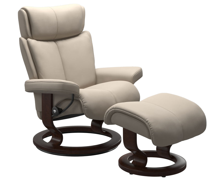 Paloma Leather Fog S/M/L and Brown Base | Stressless Magic Classic Recliner | Valley Ridge Furniture
