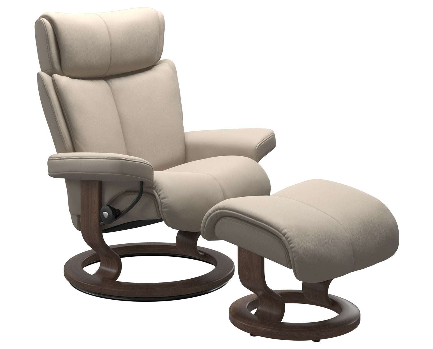 Paloma Leather Fog S/M/L & Walnut Base | Stressless Magic Classic Recliner | Valley Ridge Furniture