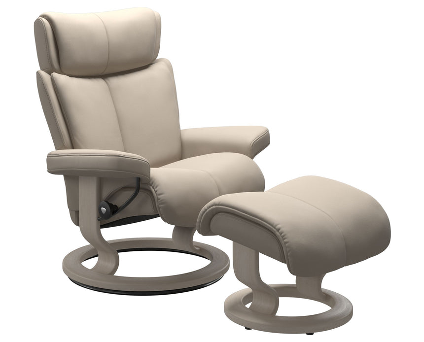 Paloma Leather Fog S/M/L and Whitewash Base | Stressless Magic Classic Recliner | Valley Ridge Furniture