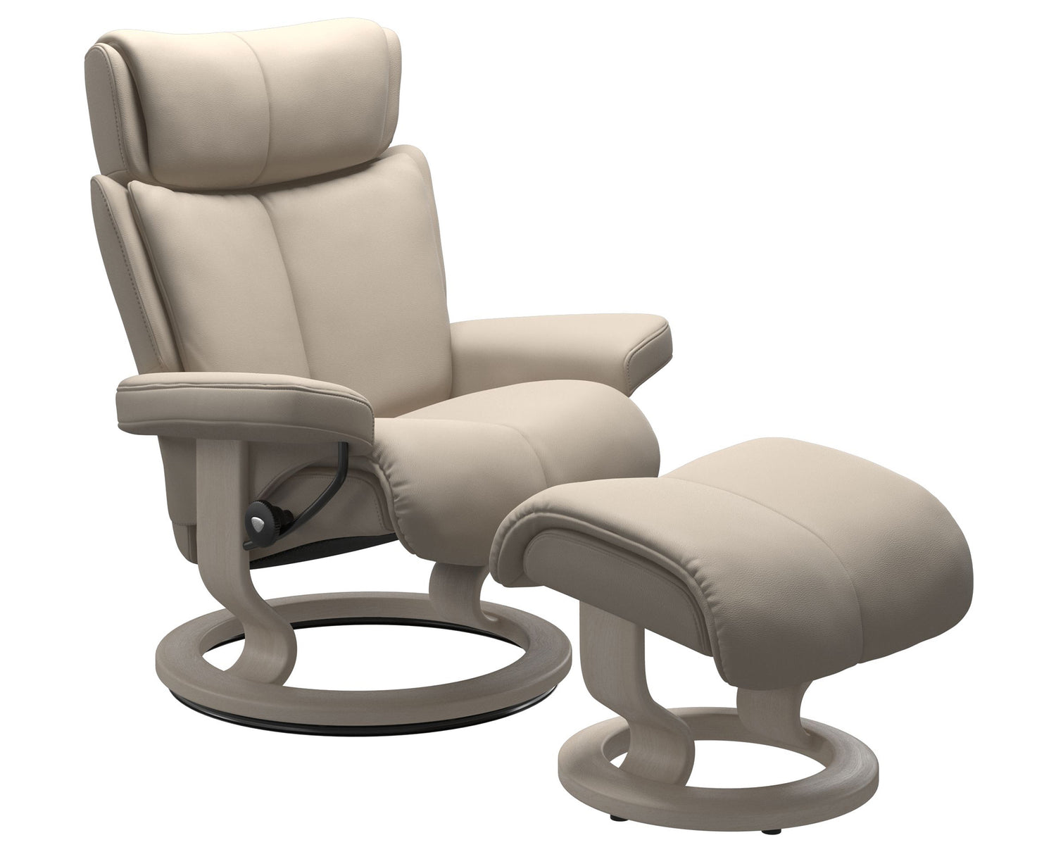 Paloma Leather Fog S/M/L & Whitewash Base | Stressless Magic Classic Recliner | Valley Ridge Furniture