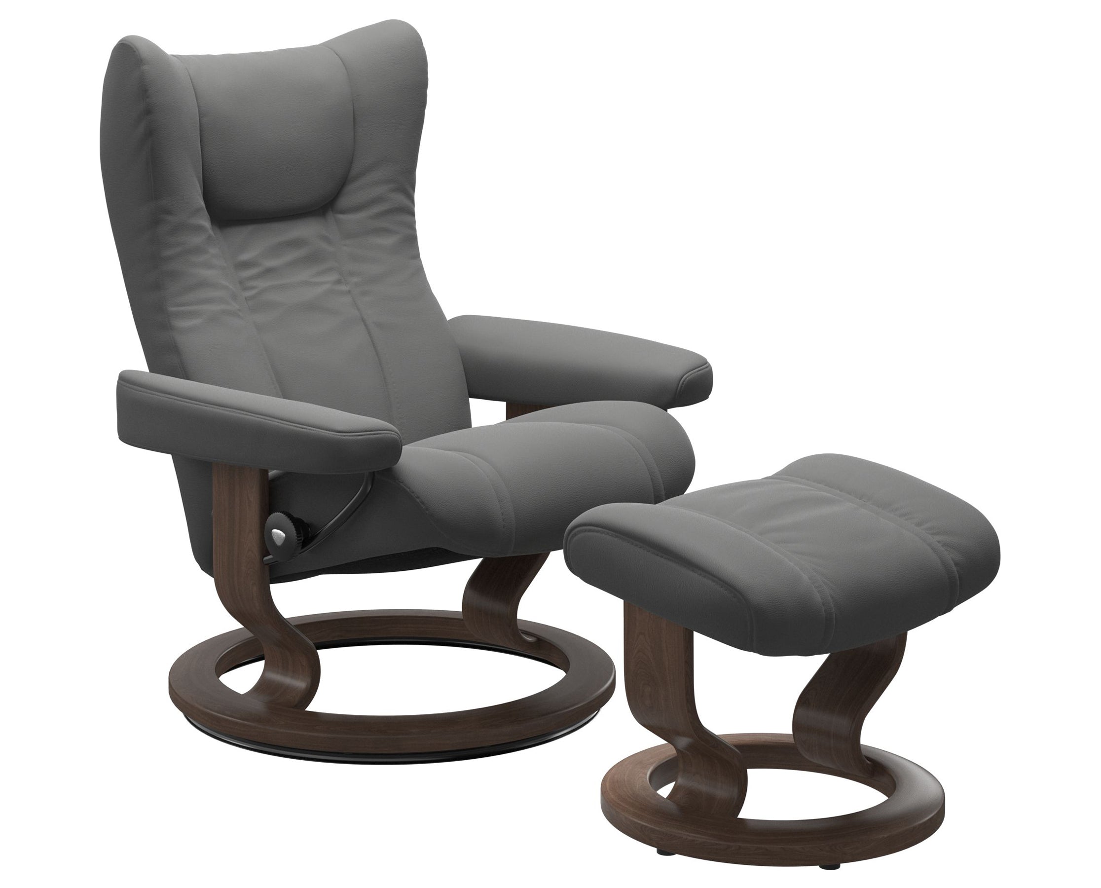 Paloma Leather Neutral Grey S/M/L and Walnut Base | Stressless Wing Classic Recliner | Valley Ridge Furniture