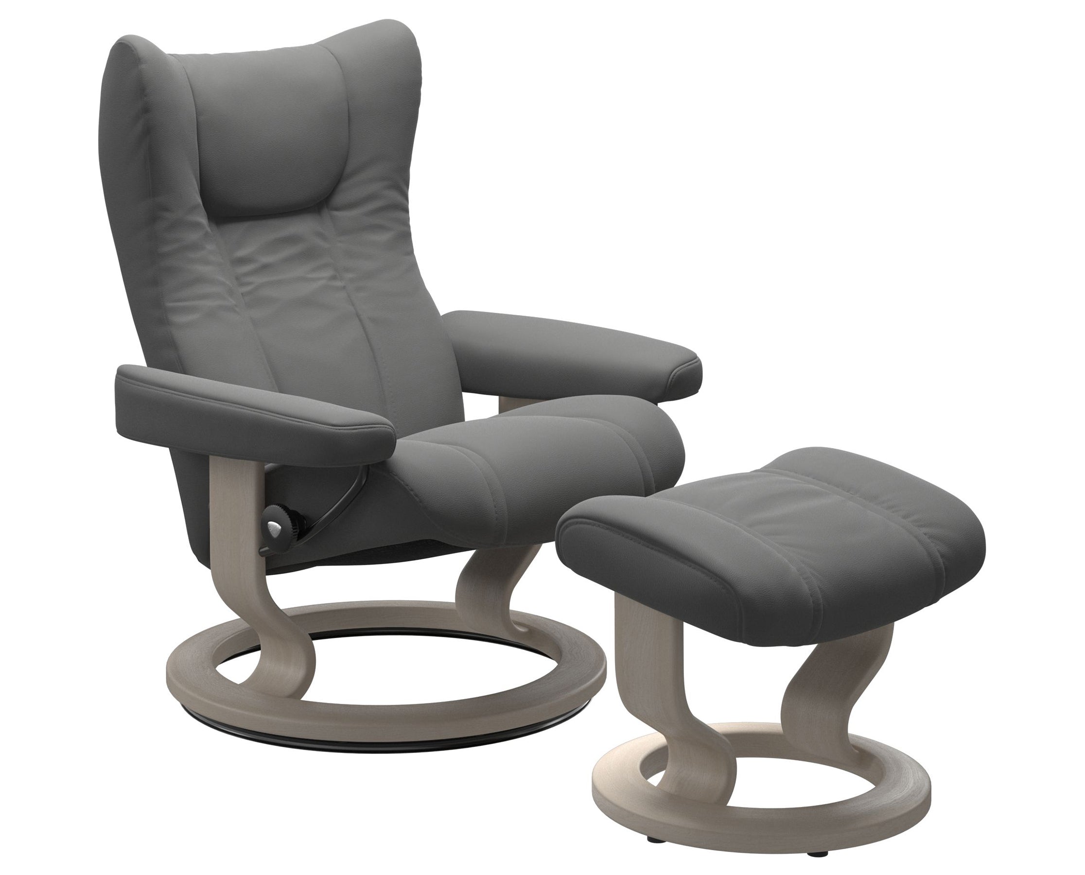 Paloma Leather Neutral Grey S/M/L and Whitewash Base | Stressless Wing Classic Recliner | Valley Ridge Furniture