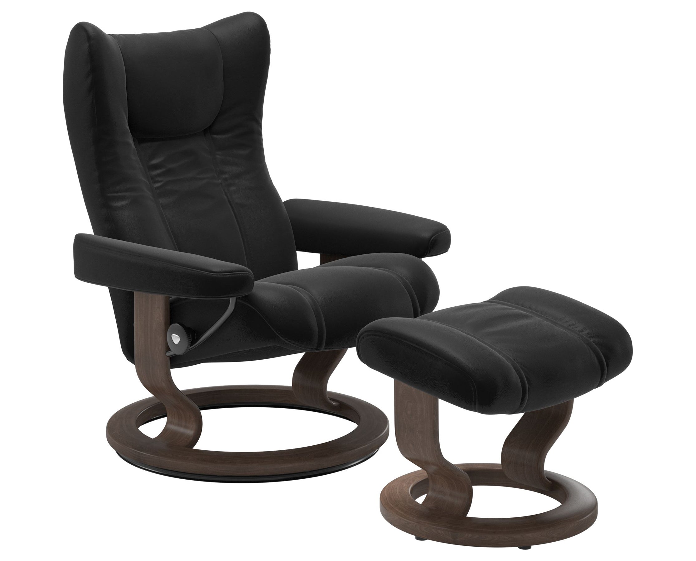 Paloma Leather Black S/M/L and Walnut Base | Stressless Wing Classic Recliner | Valley Ridge Furniture