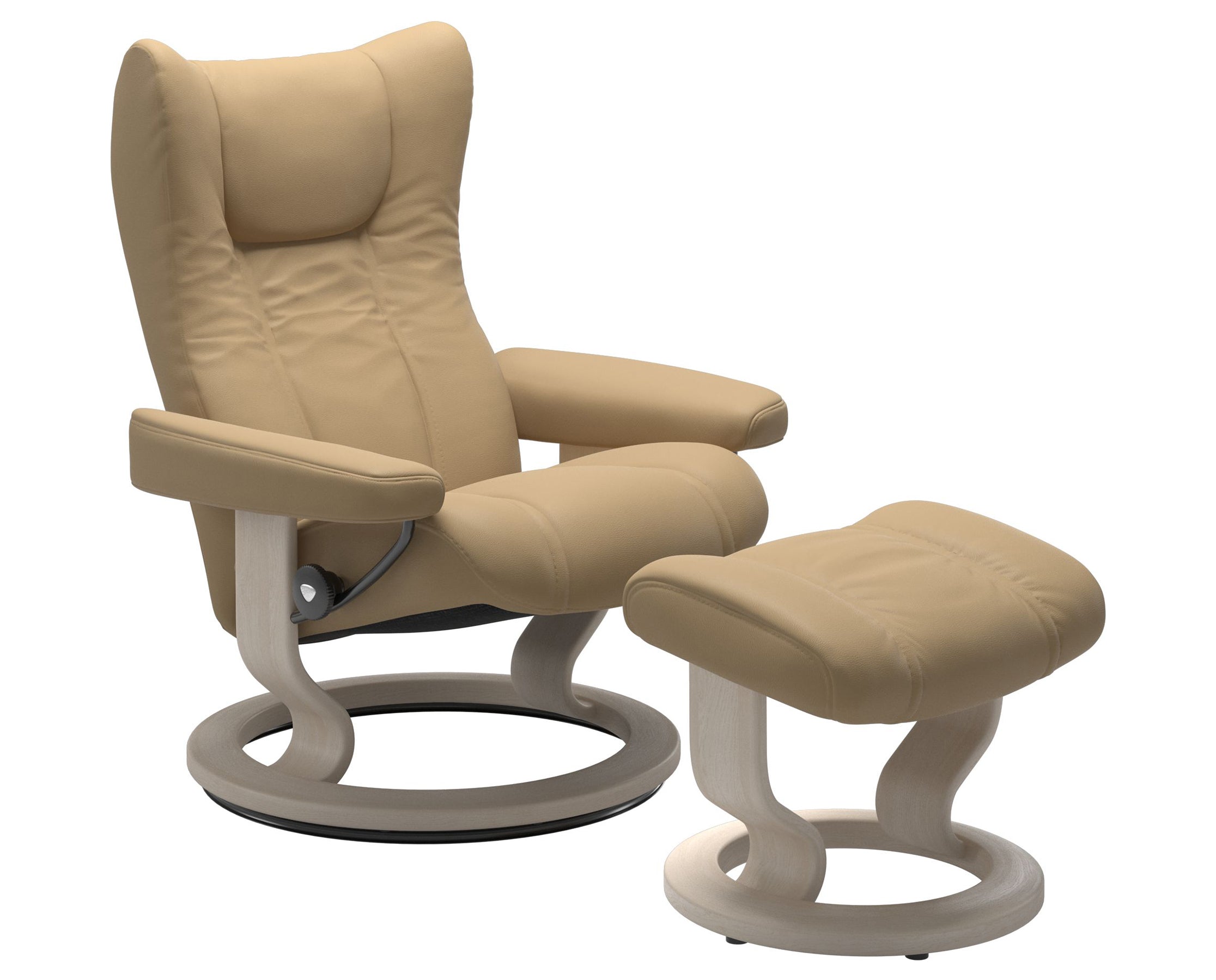 Paloma Leather Sand S/M/L and Whitewash Base | Stressless Wing Classic Recliner | Valley Ridge Furniture