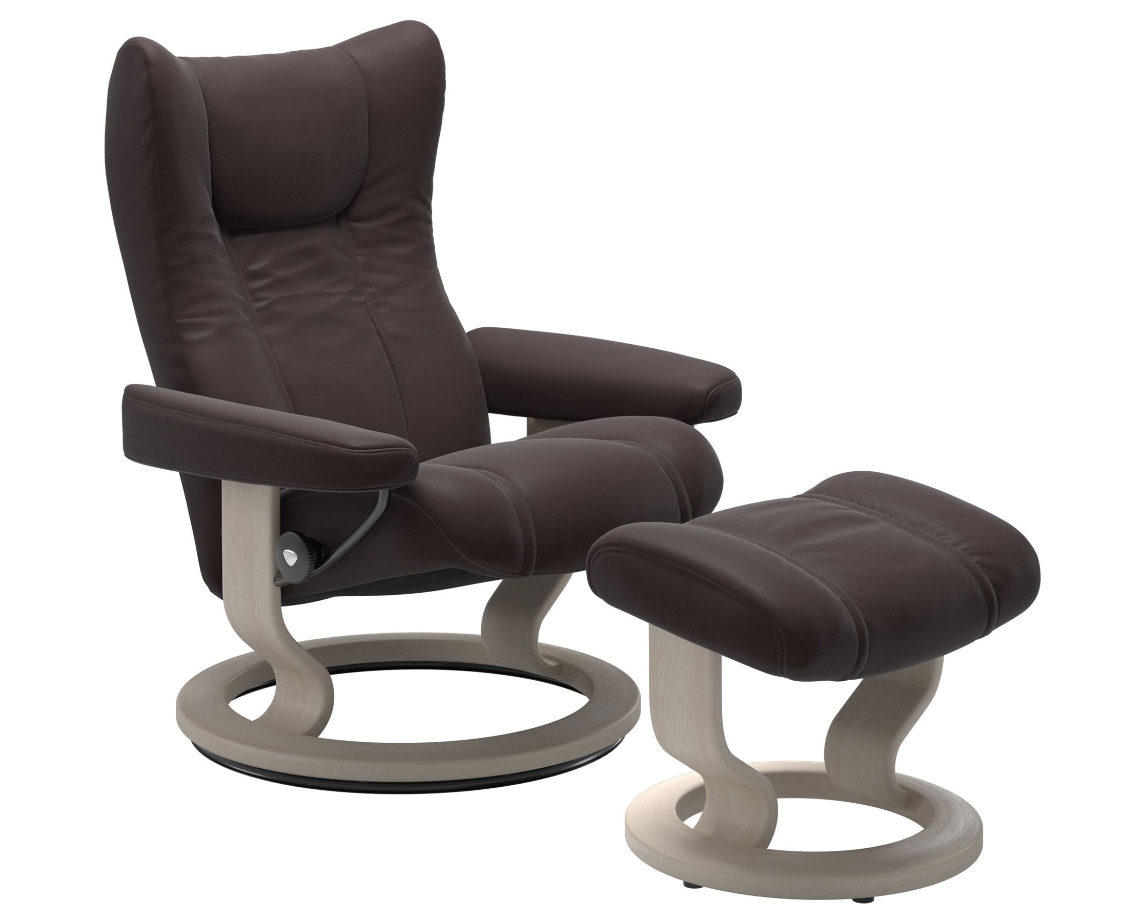 Paloma Leather Chocolate S/M/L and Whitewash Base | Stressless Wing Classic Recliner | Valley Ridge Furniture