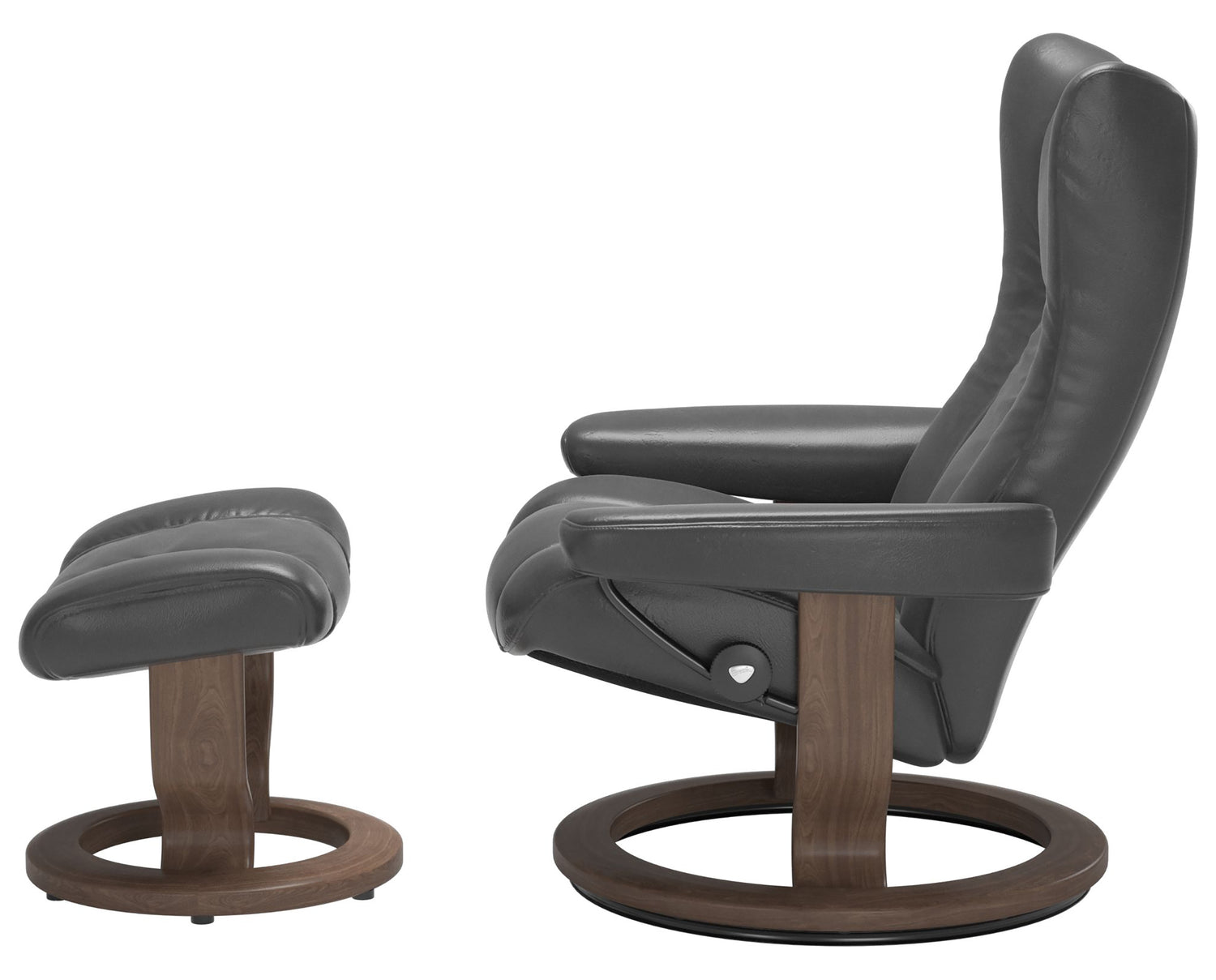 Pioneer Leather Grey M & Walnut Base | Stressless Wing Classic Recliner | Valley Ridge Furniture