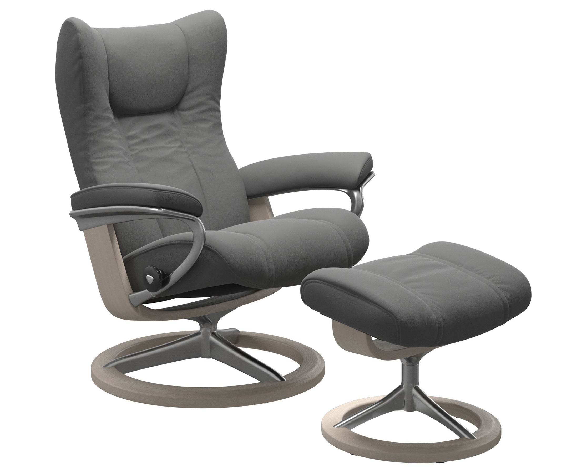 Paloma Leather Neutral Grey S/M/L and Whitewash Base | Stressless Wing Signature Recliner | Valley Ridge Furniture