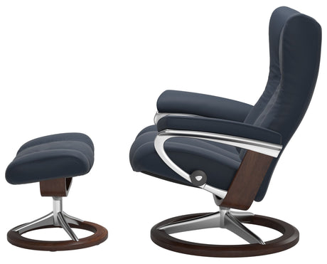 Paloma Leather Oxford Blue M/L & Brown Base | Stressless Wing Signature Recliner | Valley Ridge Furniture