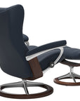 Paloma Leather Oxford Blue M/L & Brown Base | Stressless Wing Signature Recliner | Valley Ridge Furniture
