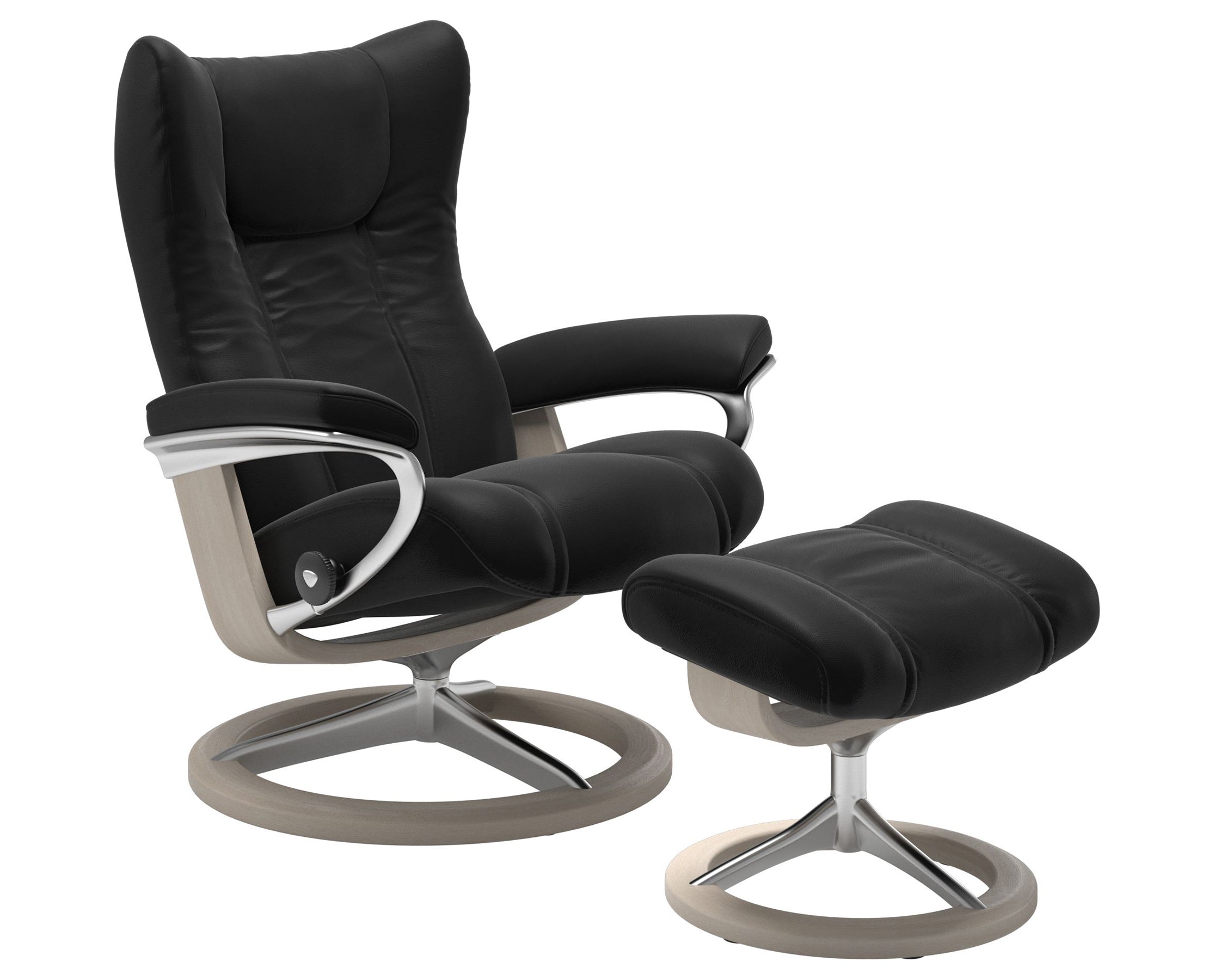 Paloma Leather Black S/M/L and Whitewash Base | Stressless Wing Signature Recliner | Valley Ridge Furniture