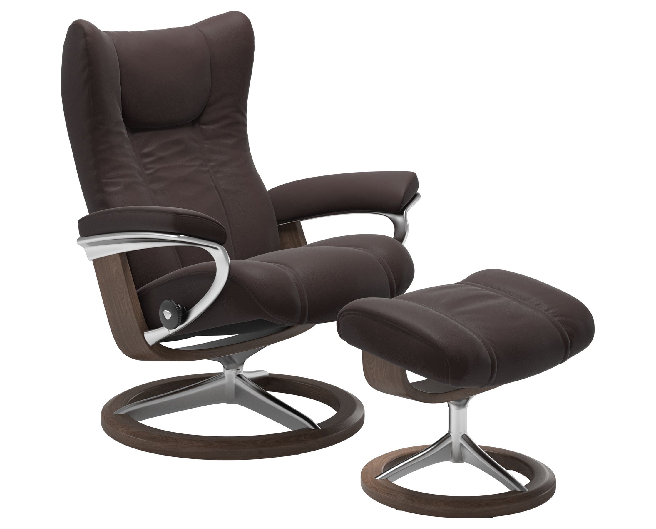 Paloma Leather Chocolate S/M/L and Walnut Base | Stressless Wing Signature Recliner | Valley Ridge Furniture