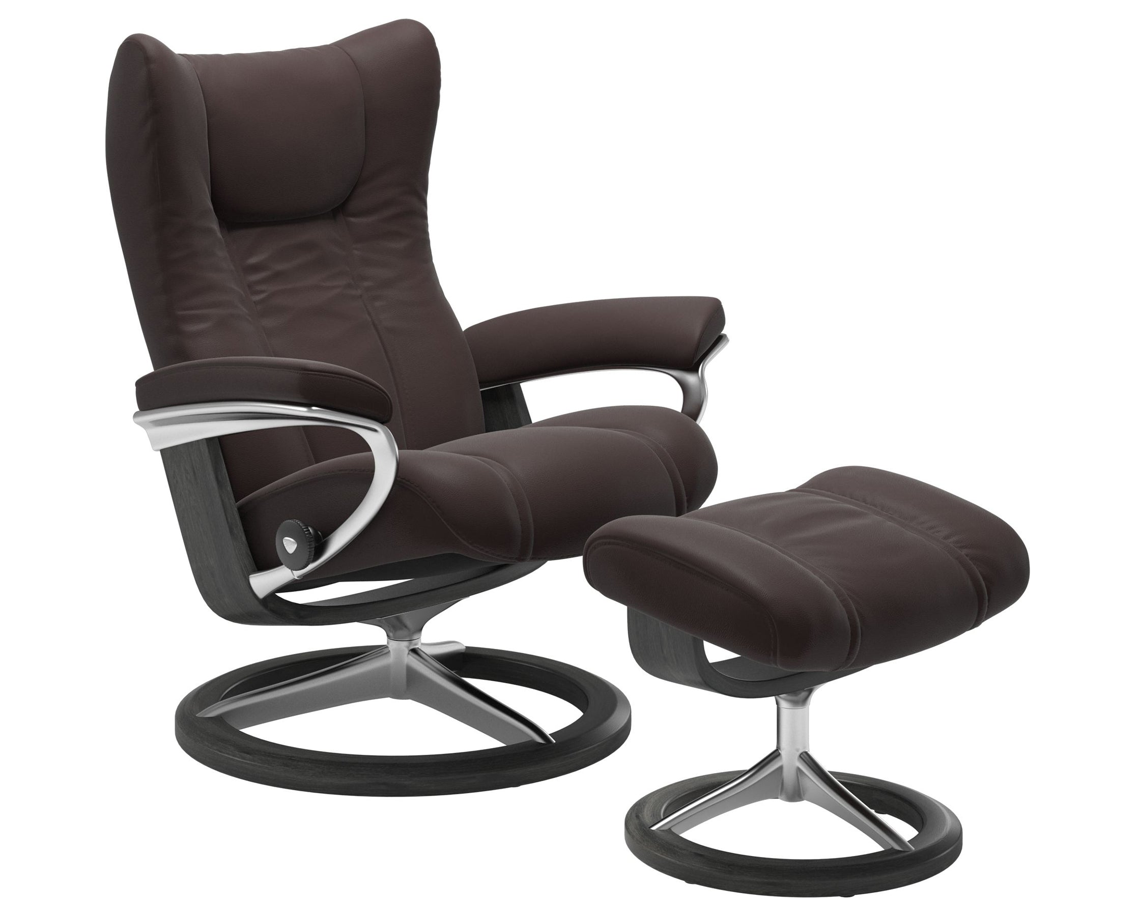 Paloma Leather Chocolate S/M/L and Grey Base | Stressless Wing Signature Recliner | Valley Ridge Furniture