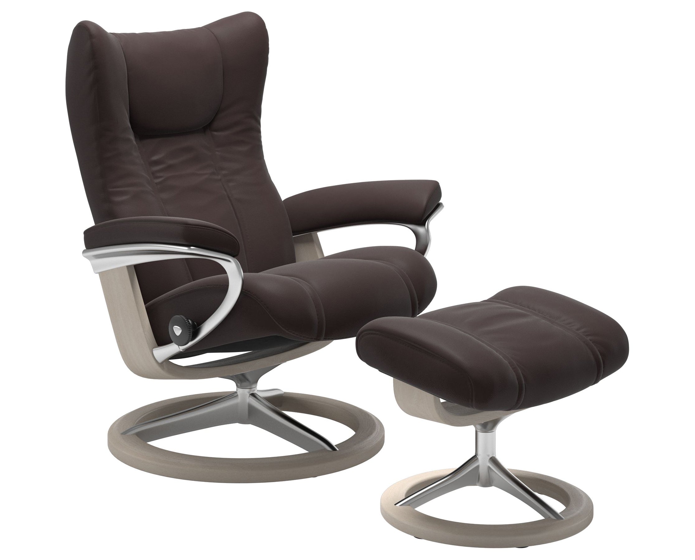 Paloma Leather Chocolate S/M/L and Whitewash Base | Stressless Wing Signature Recliner | Valley Ridge Furniture