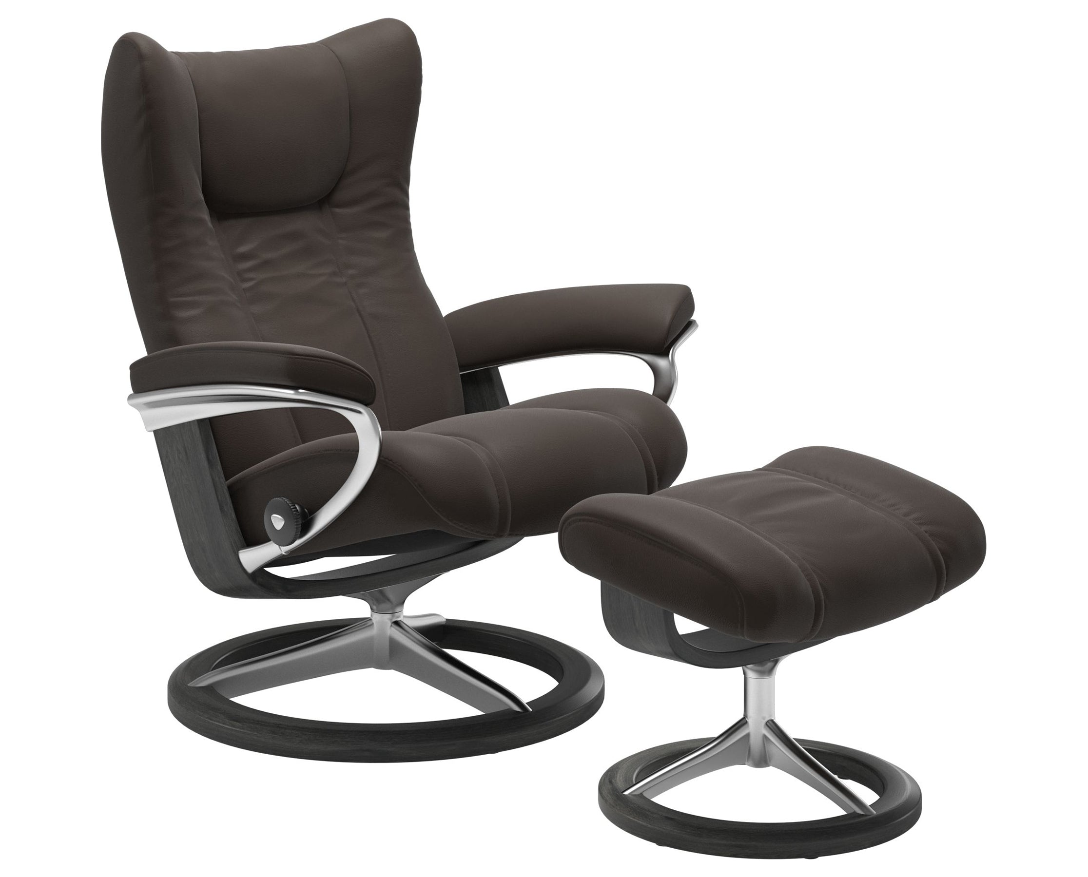 Paloma Leather Chestnut S/M/L and Grey Base | Stressless Wing Signature Recliner | Valley Ridge Furniture