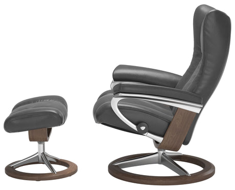 Pioneer Leather Grey S/M & Walnut Base | Stressless Wing Signature Recliner | Valley Ridge Furniture