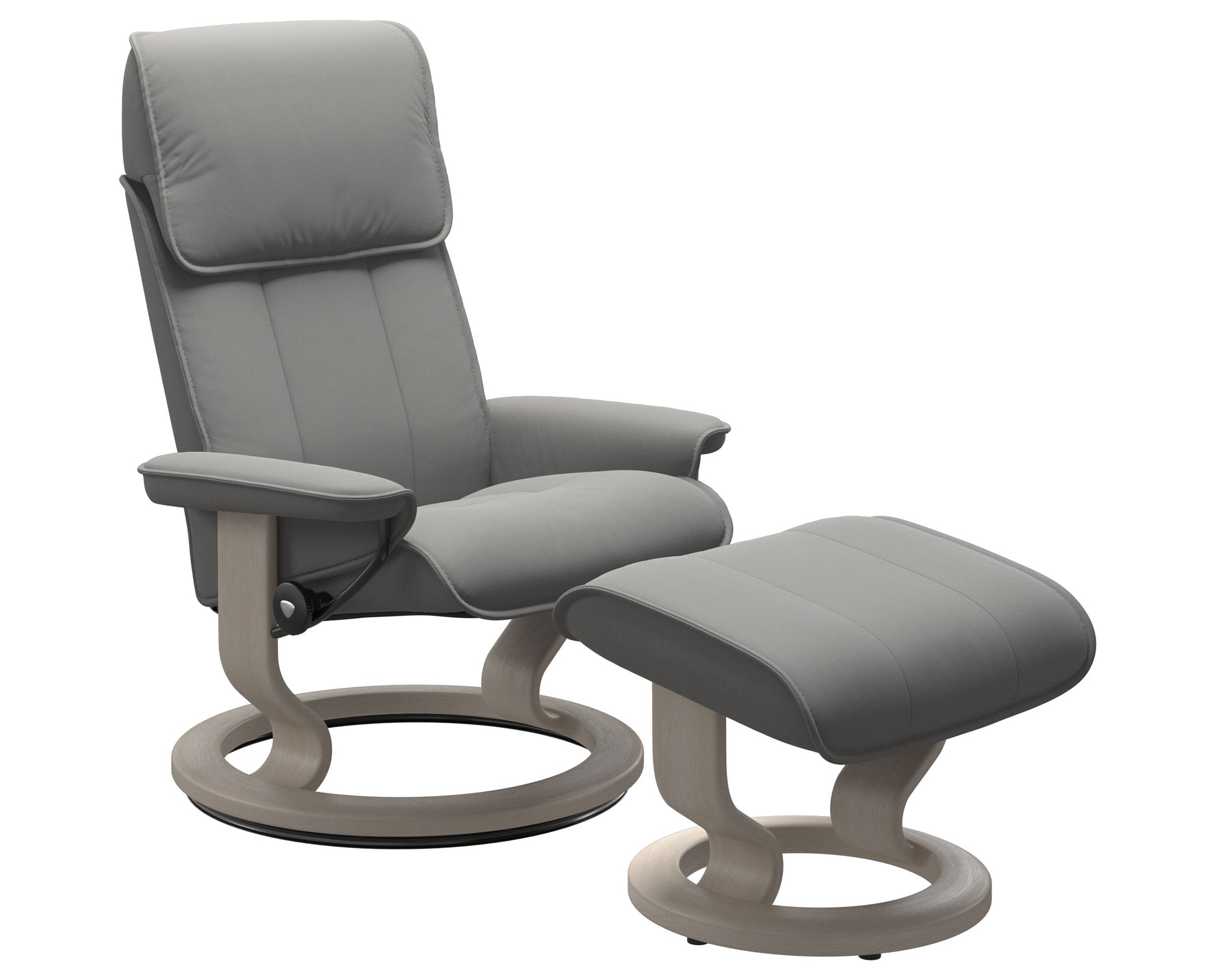 Paloma Leather Silver Grey M/L and Whitewash Base | Stressless Admiral Classic Recliner | Valley Ridge Furniture